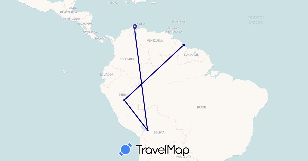 TravelMap itinerary: driving in Bolivia, Guyana, Peru, Venezuela (South America)