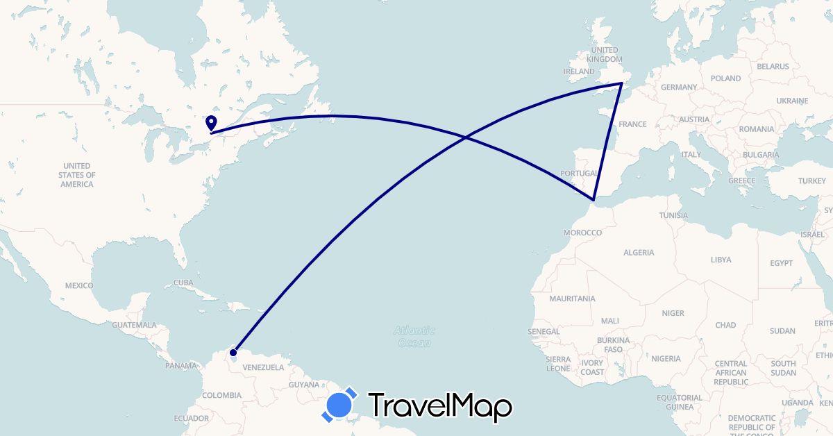 TravelMap itinerary: driving in Canada, United Kingdom, Gibraltar, Venezuela (Europe, North America, South America)